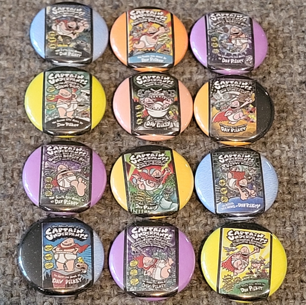 CAPTAIN UNDERPANTS pinback button bundle 12 pins 1 inch LIBRARY JOY 🌈